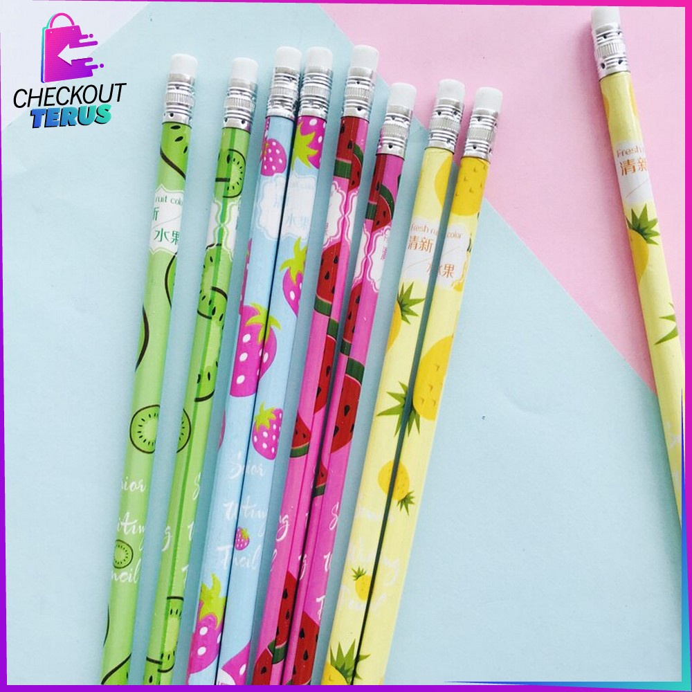 CT A49 Pensil Kayu Set 12IN1 Motif Buah With Eraser Alat Tulis Dengan Penghapus Sekolah 12pcs Pencil Fruits Praktis Import