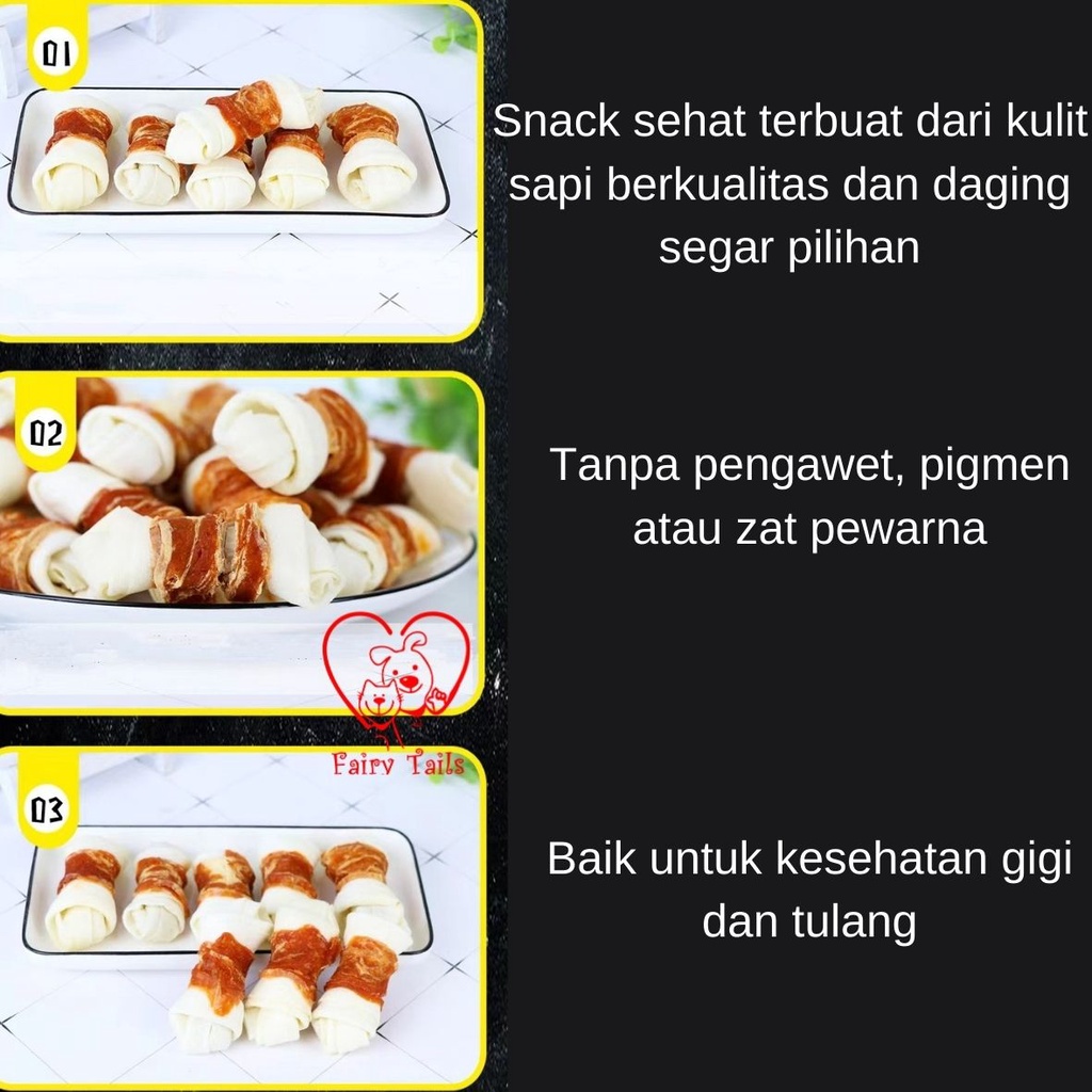 Snack Tulang dan Daging Cemilan Sehat Dental Stick Untuk Gigitan Anabul Anjing / Meat Wrapped Knotted Bone Chicken and Duck Cowhide Healthy Snack Treats