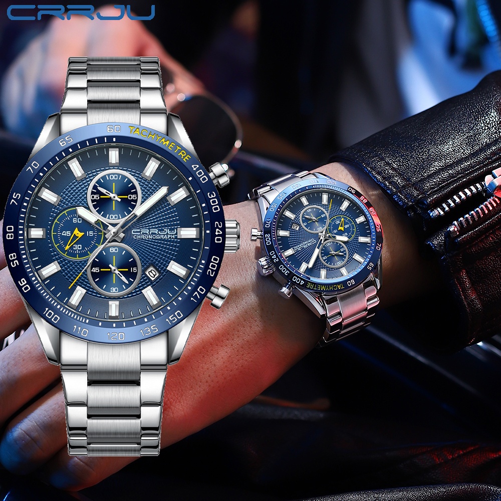 CRRJU Jam Tangan Pria Original Anti Air Mode Bisnis Kuarsa Tali Stainless Steel Crononya Aktif Jam Tangan Cowok