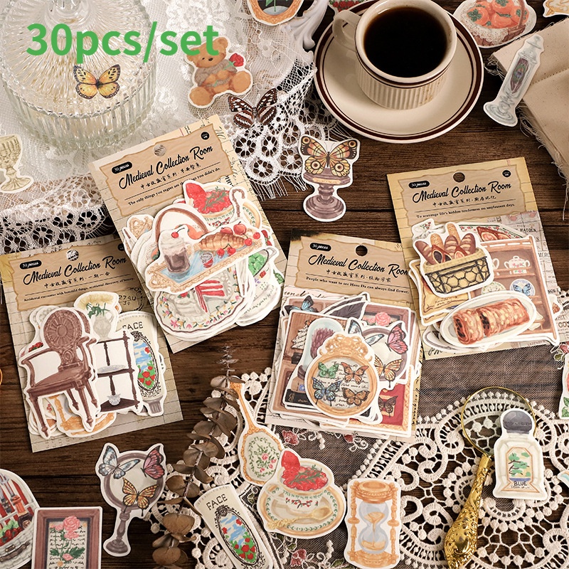 30pcs/set Stiker Seri Sarapan Objek Lama Vintage DIY Bahan Handbook