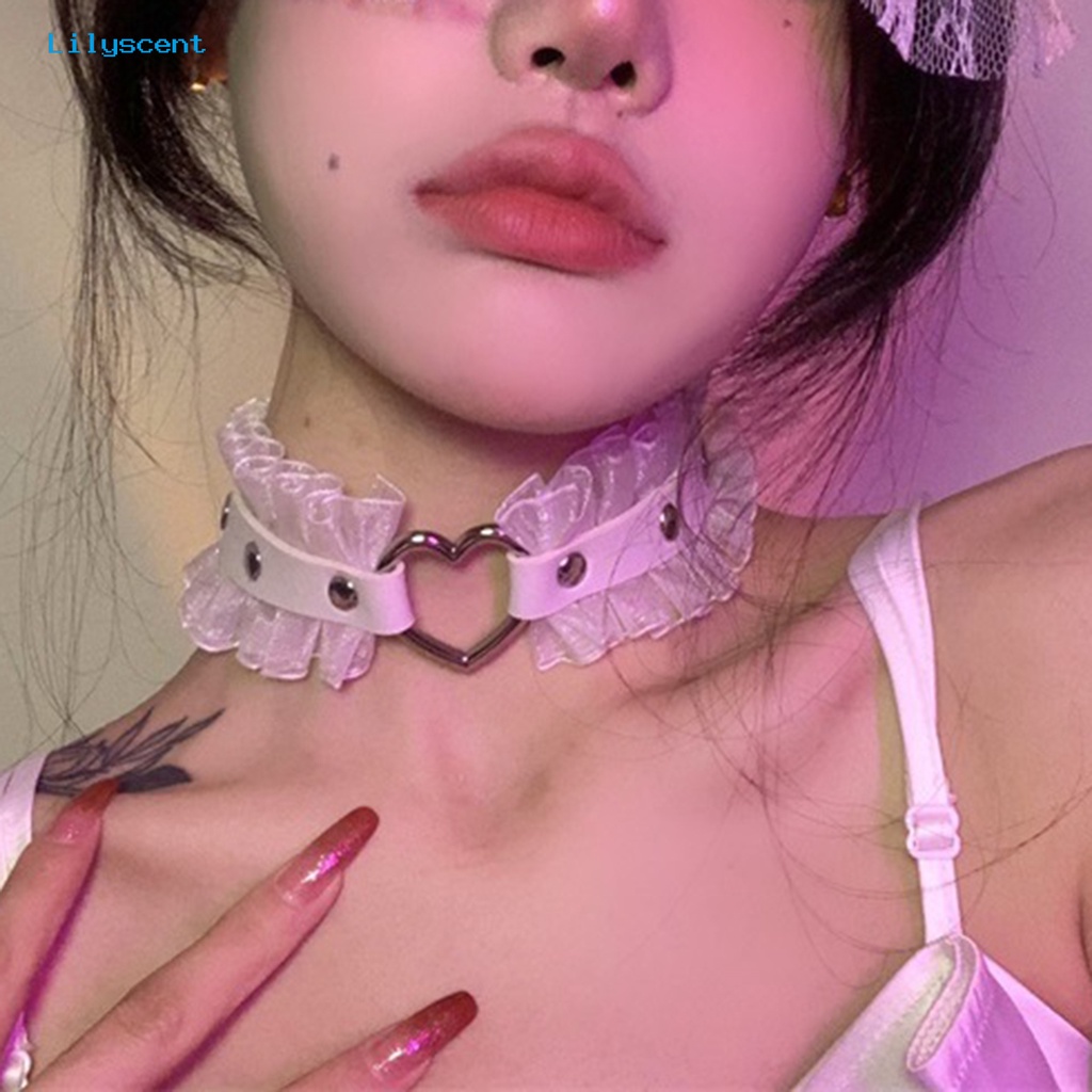 [LS] Wanita Choker Punk Harajuku Ruffle Renda Paku Keling Hadiah Kulit Imitasi Berongga Cinta Hati Gadis Kerah Kalung Pakaian Sehari-Hari