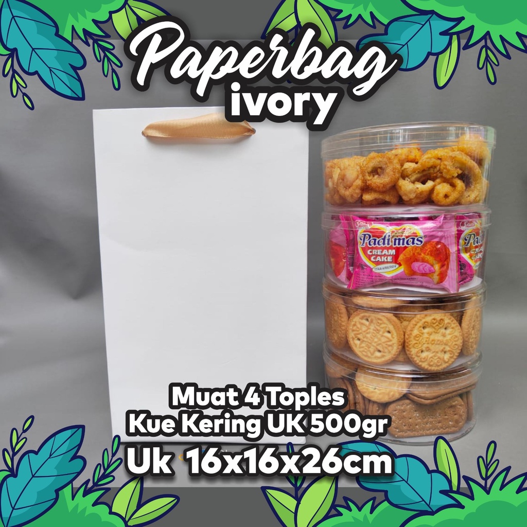 

Paperbag ivory Wadah Toples Kue, Tas Kertas Custom Wadah Toples Bulat Kue Kering (16*16*26)