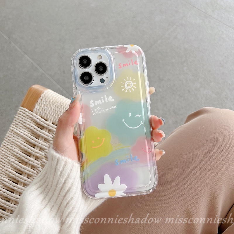 IPHONE Ins Korea Shockproof Airbag Case Kompatibel Untuk Iphone11 14 13 12 Pro Max7 8 6 6S Plus XR X XS MAX Senyum Lucu Segar Cat Air Bunga Awan Cinta Hati Lembut TPU Penutup Belakang