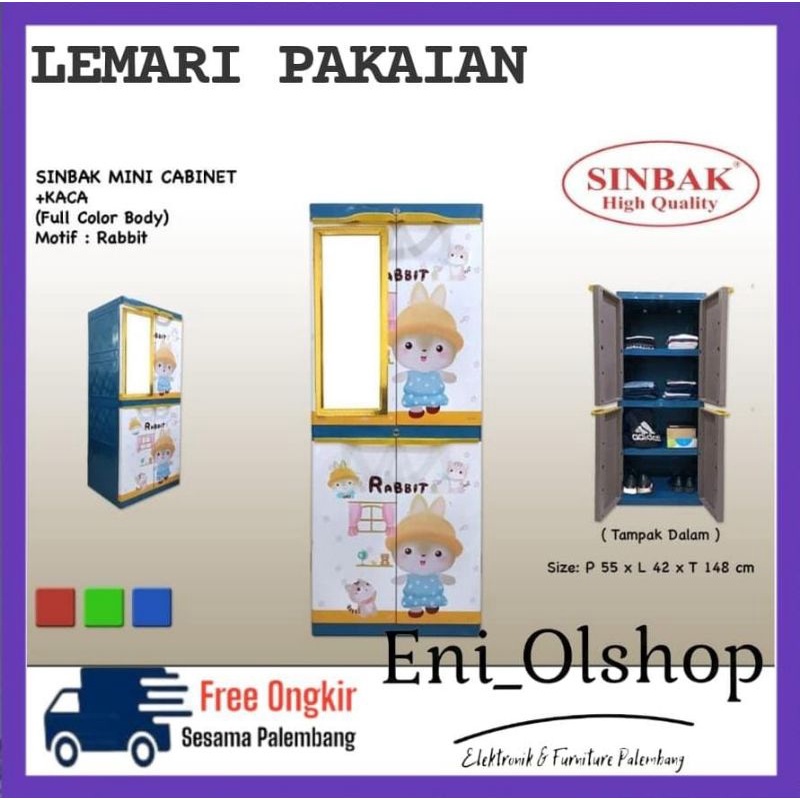 LEMARI PAKAIAN 2 PINTU PLASTIK SINBAK Motif Rabbit, SINBAK MINI CABINET KACA 148cm Full Color