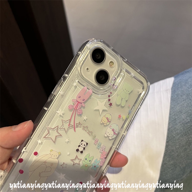 IPHONE Case Kompatibel Untuk Iphone11 14 13 12 Pro MAX 7plus XR 7 8 6 6S Plus X XS MAX 8plus SE 2020 Ins Korea Airbag Shockproof Kartun Bintang Lucu Beruang Kitty TPU Lembut Bening Ponsel Cover