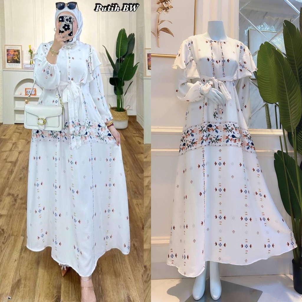 Canava Dress Gamis Motif Bunga Prada Crape Rempel Dada Lengan Karet