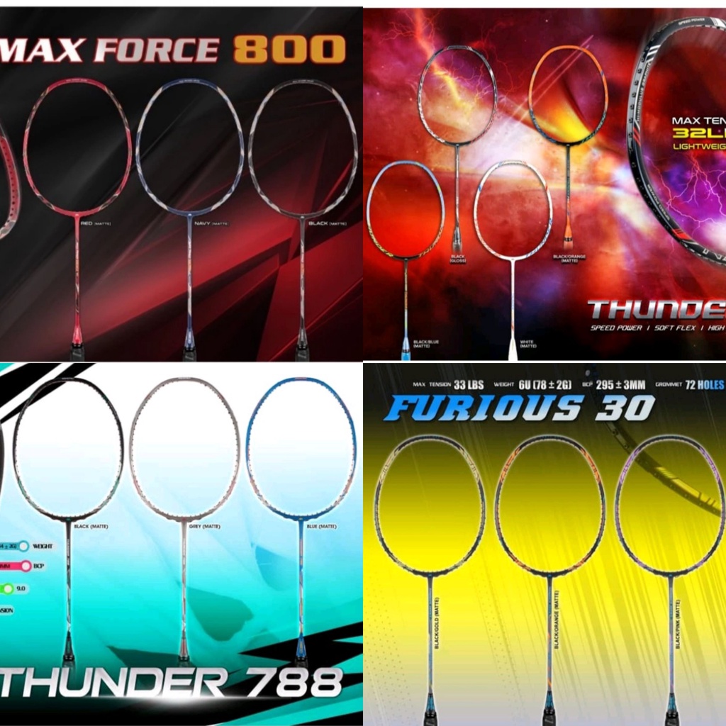 Raket Badminton Power Max Force Thunder 777 Furious 20 30 Hector 100 33lbs 100% Original