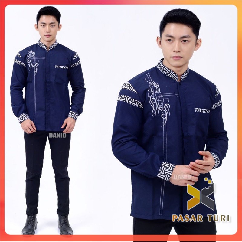 Baju Koko Pria Bordir Warna Biru Navy Ukuran M L XL