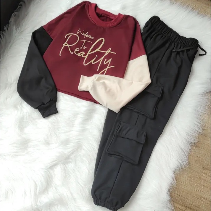 Paket Setelan Sweater Senam Crop &amp; Jogger Gamblok Cargo One Set Wanita Sett Olahraga keren dan Sporty