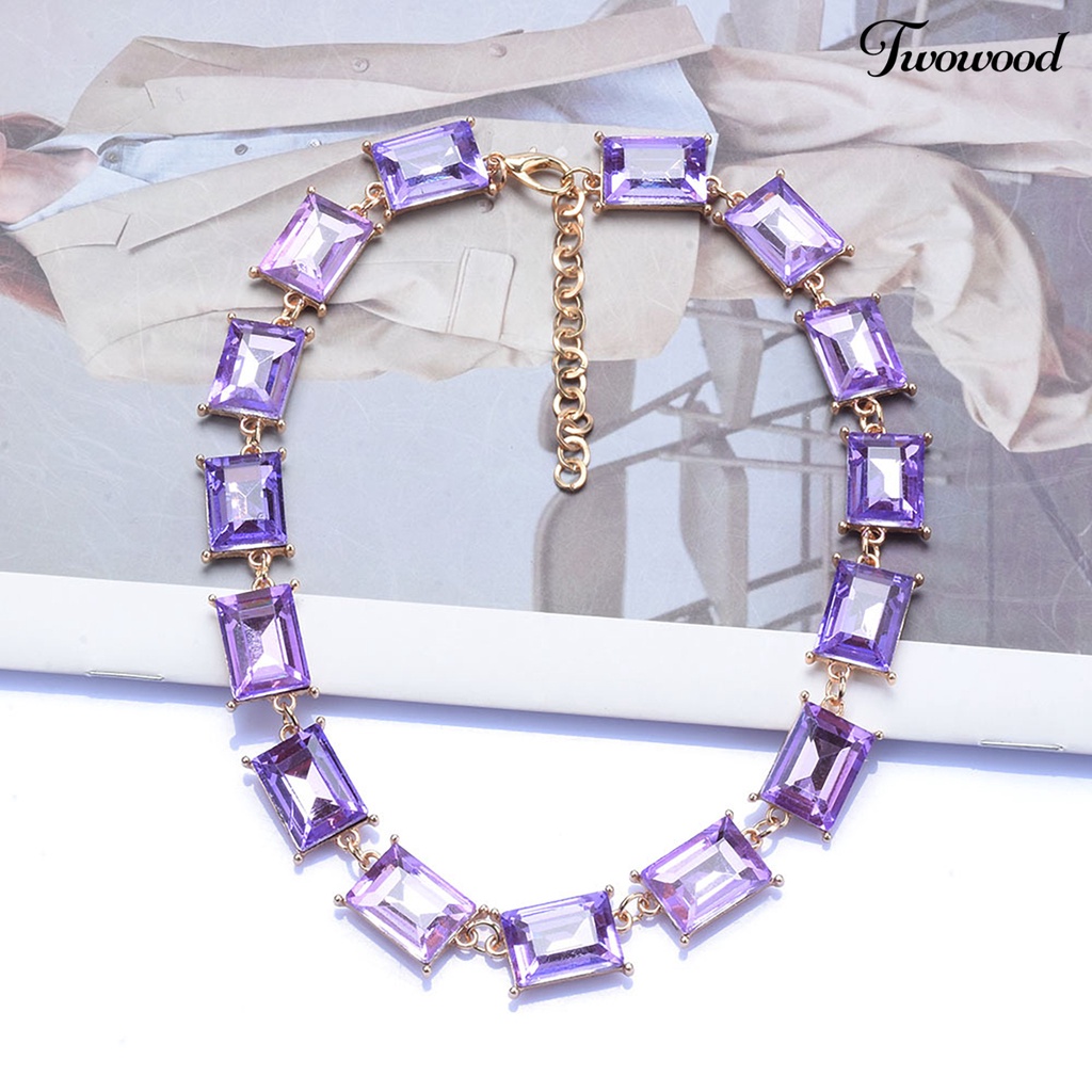 Twowood Kalung Berlebihan Desain Persegi Mengkilap Tidak Luntur Dress Up Alloy Geometris Persegi Berwarna Kristal Imitasi Kalung Wanita Perhiasan