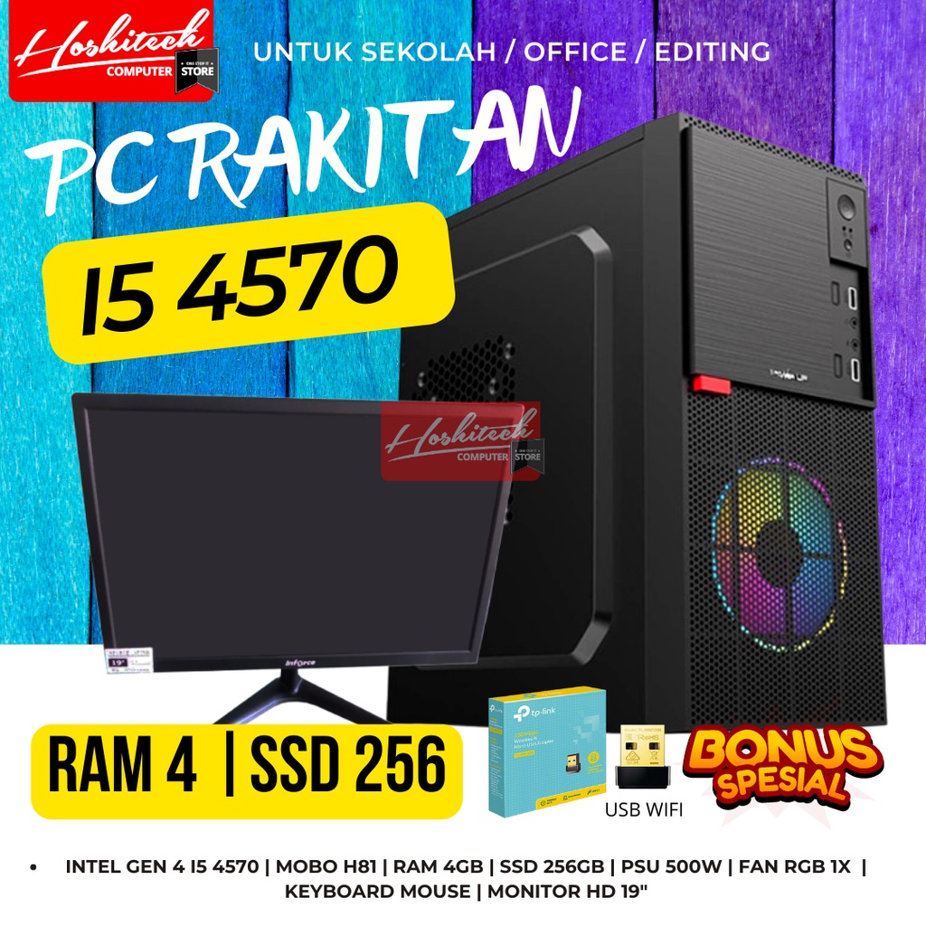 PC RAKITAN I5 SEKOLAH EDITING 4570 RAM 4GB SSD256 MONITOR 19 INCH