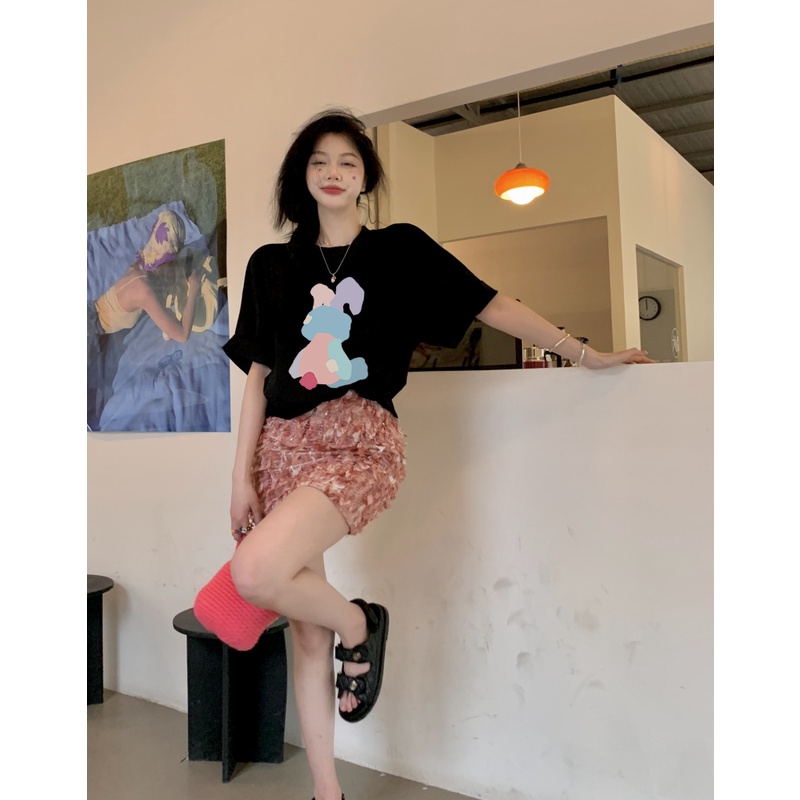 EUNII T-shirt Lengan Pendek Cartoon Colorful Bear Korean Style/Kaos Atasan Wanita/Baju Kaus Oversize Wanita/Kaos Wanita