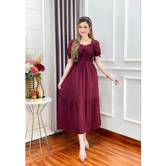 Longdress Sabrina Polos Rayon Premium I Dress Kerut I Sexy Smoke Dress I Korean Style Dress