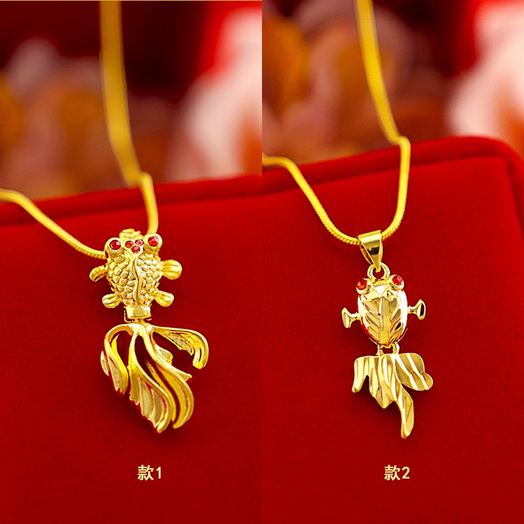 Goldkingdom Perhiasan Fashion Emas Asli Kadar 375Bangkok Aksesoris Ready Stock Tembaga Murni Berlapis Emas Fashion Wanita Retro Ikan Mas Liontin Kalung