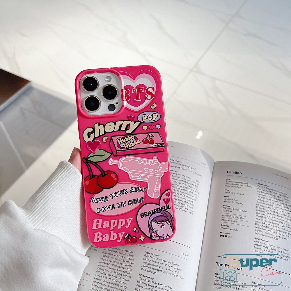 IPHONE Permen Glossy Case Kompatibel Untuk Iphone7 8 Plus XR 11 13 14 12 Pro Max X XS Max SE 2020 Rose Red Label Kartun Cherry Kamera Perlindungan Tahan Guncangan Lembut TPU Silicon Back Cover
