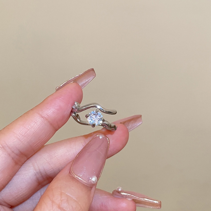 Cincin Perak Zirkon Pembukaan Geometris Tidak Teratur Perempuan Cincin Berlian Lamaran Korea