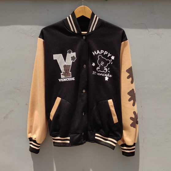 Happy Vencede Jacket Baseball Varsity V HAPPY BEAR Pria Wanita Korean Style