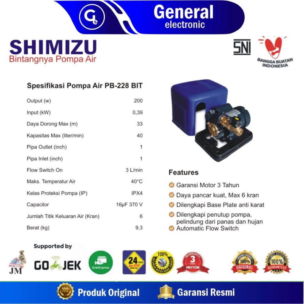 Pompa Air Pendorong Booster Otomatis Shimizu PB 228 BIT / PB228BIT / PB-228 BIT