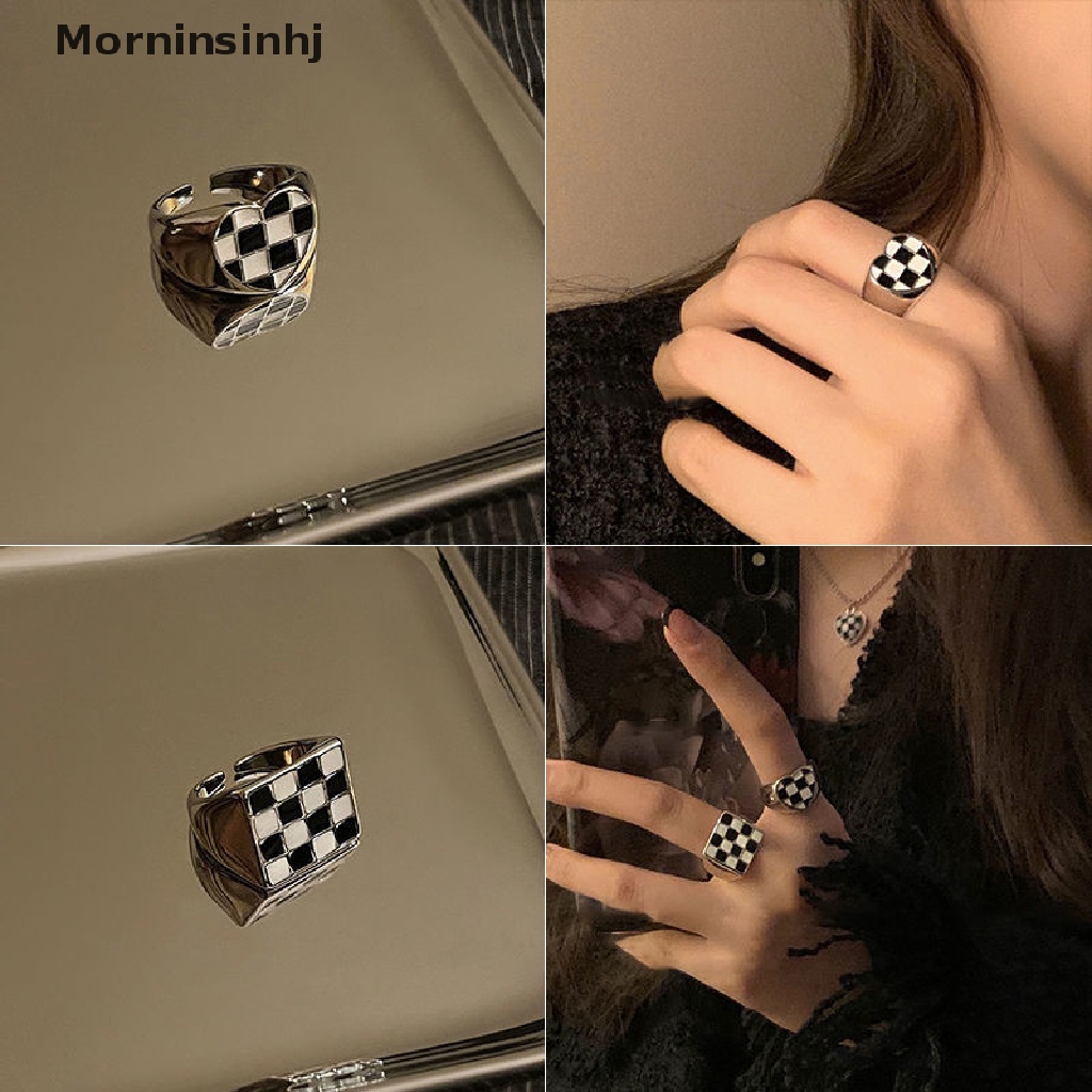 Mornin Vintage Jari Telunjuk Cincin Cinta Sederhana Hati Cincin Hitam Dan Putih Kotak-Kotak Diperiksa Cincin Untuk Wanita Rock Hip Hop Twist Geometri Terbuka Rings Fashion Ins Perhiasan Hadiah id