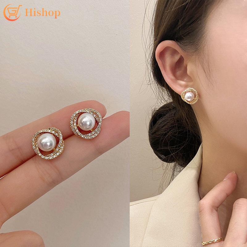 Anting Tusuk Kristal Spiral Fashion Mutiara Emas Untuk Perhiasan Aksesoris Wanita