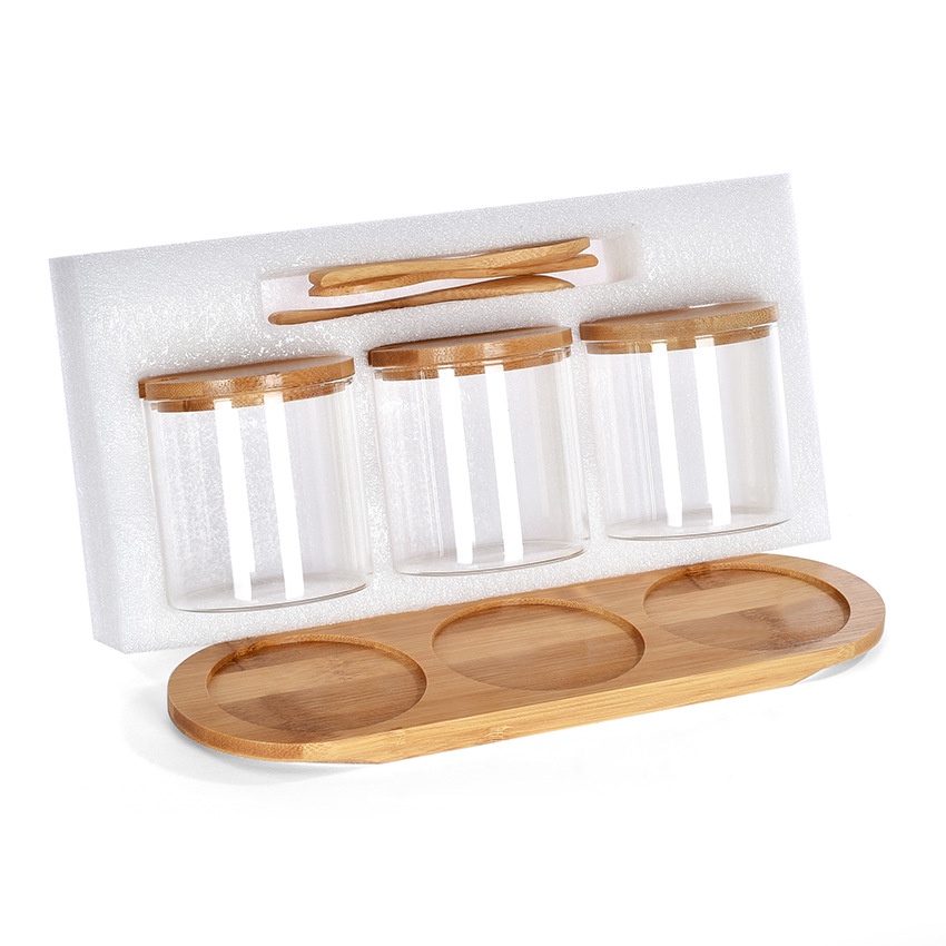 【RUMATIDY】Tempat Bumbu Dapur Borosilicate 3in1 Dengan Alas Tatakan dan Sendok Kayu Toples Bumbu Garam Gula Merica