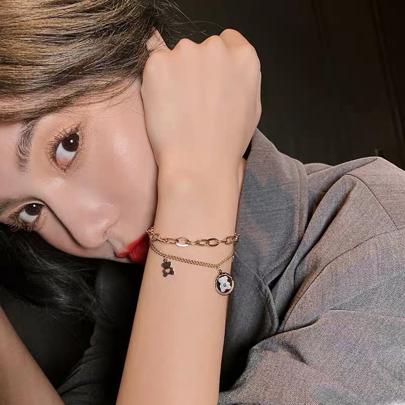 2022 Gelang Tangan Rantai Baja Titanium 18K Aksen Beruang Untuk Wanita | Ins Kalung Rantai Dua Lapis Dengan Liontin Desain Simpel Gaya Eropa Amerika Untuk Wanita