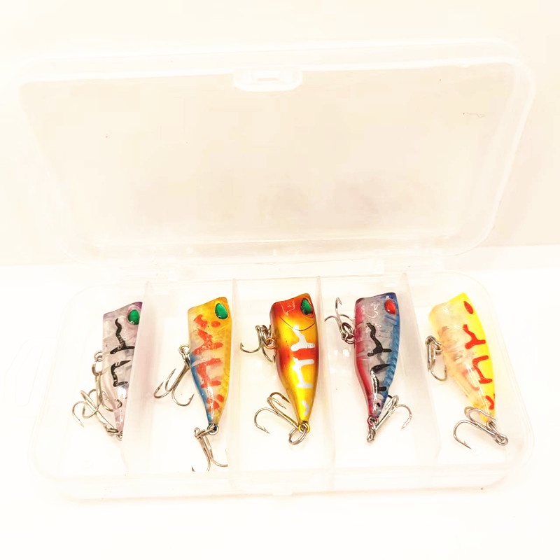 5 Pcs Kotak Baru Popper Umpan Pancing 4 cm 3.2g Mini Crankbait Memancing Umpan Swimbait Bass Wobbler Kait Mengambang Topwater Umpan Pancing Hook Tackle