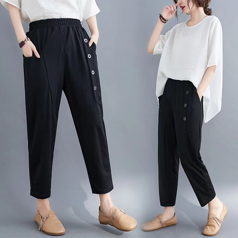 Stok bersih! Impor Unik Katun Celana Dipotong Wanita Celana Kasual Pinggang Tinggi Cropped Trousers Pants