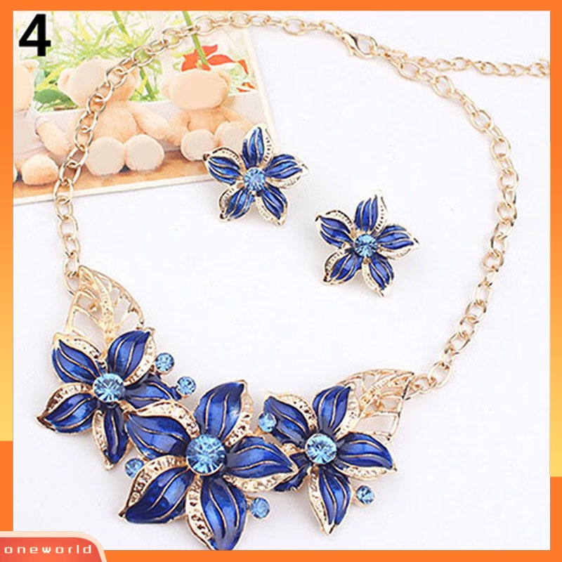 OW@ Fashion Women Rhinestone Flower Statement Pendant Necklace Earrings Jewelry Set