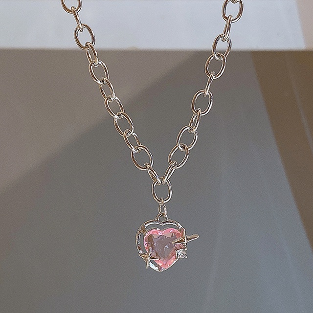 Sweet Pink Zircon Pendant Necklace Untuk Wanita Hati Perak Rantai Kalung Choker Y2K Aksesoris Perhiasan