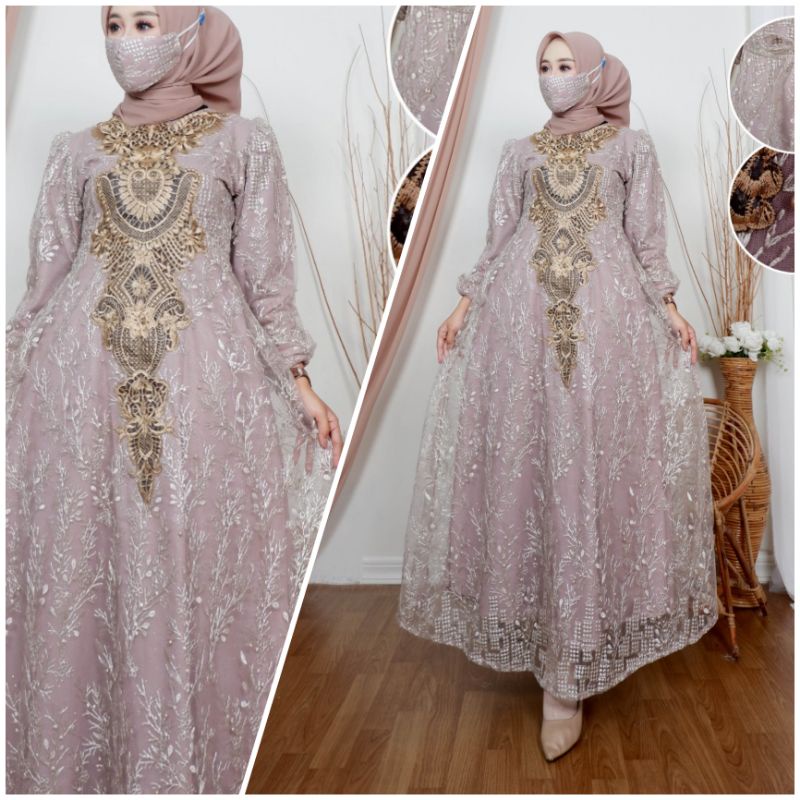 Pakaian Wanita Baju Gamis Muslim Lebaran Hijab Brokat Kombinasi Tile Baju Lebaran Pesta Lamaran Wisu