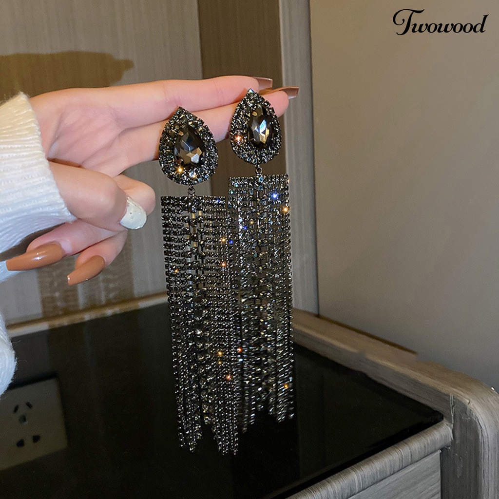 Twowood 1pasang Anting Rumbai Oversize Berlebihan Geometris Eropa Dan Amerika Temperamen Berdandan Ornamen Tetesan Air Panjang Rumbai Kristal Imitasi Anting Perhiasan Fashion