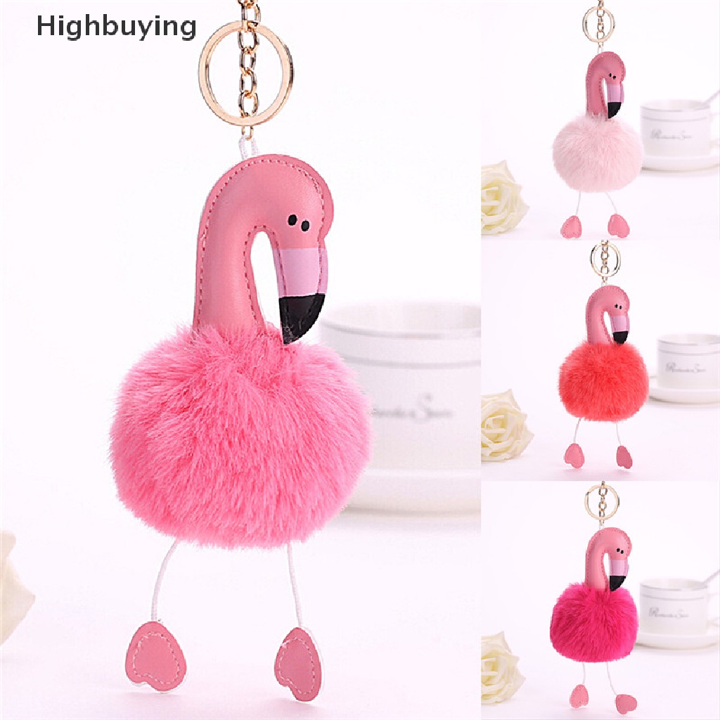 Hbid Gantungan Kunci Flamingo Fluffy Faux Rabbit Fur Ball Key Chain Wanita Gantungan Kunci Tas Mobil Glory