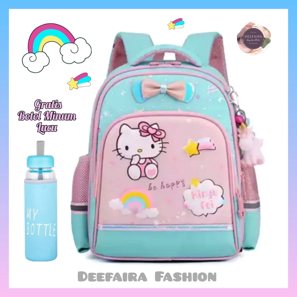 Tas Sekolah Anak Perempuan Tk Sd Smp Motif Cat Pita Gratis Botol Minum Lucu