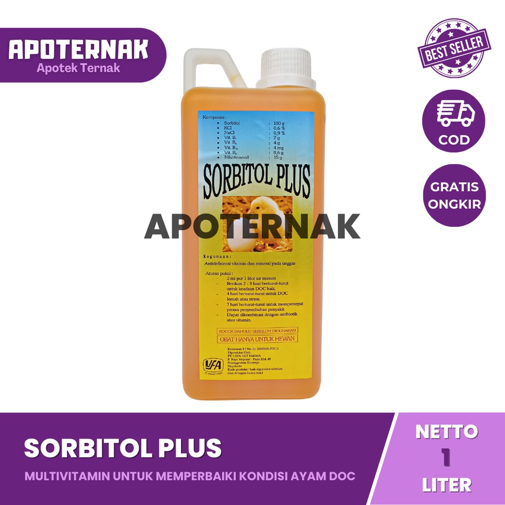 SORBITOL PLUS 1 L | multiVitamin Ayam Cairan Penganti Gula Pada Anak Ayam DOC Meningkatkan Kesehatan &amp; Pertumbuhan, Menghilangkan Stress, Mengurangi Angka Kematian DOC | USFA