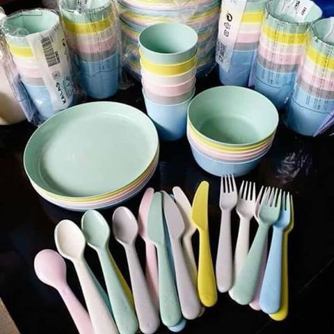 Piring mangkok gelas sendok Plastik Set 6 Warna Pastel