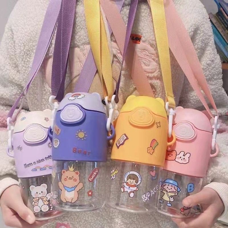 Botol Minum / Tempat Minum Anak Lucu Animasi Kartun Include Sedotan Dan Tali