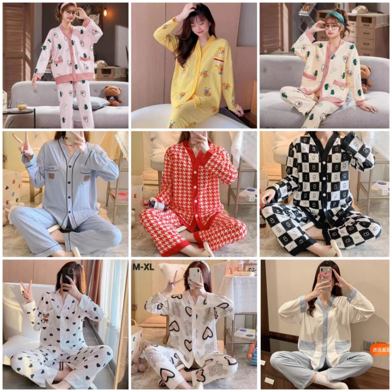 Set Piyama Kerah PP Kancing/Piyama Muslimah Terbaru/Piyama Wanita Import C07-A,D9