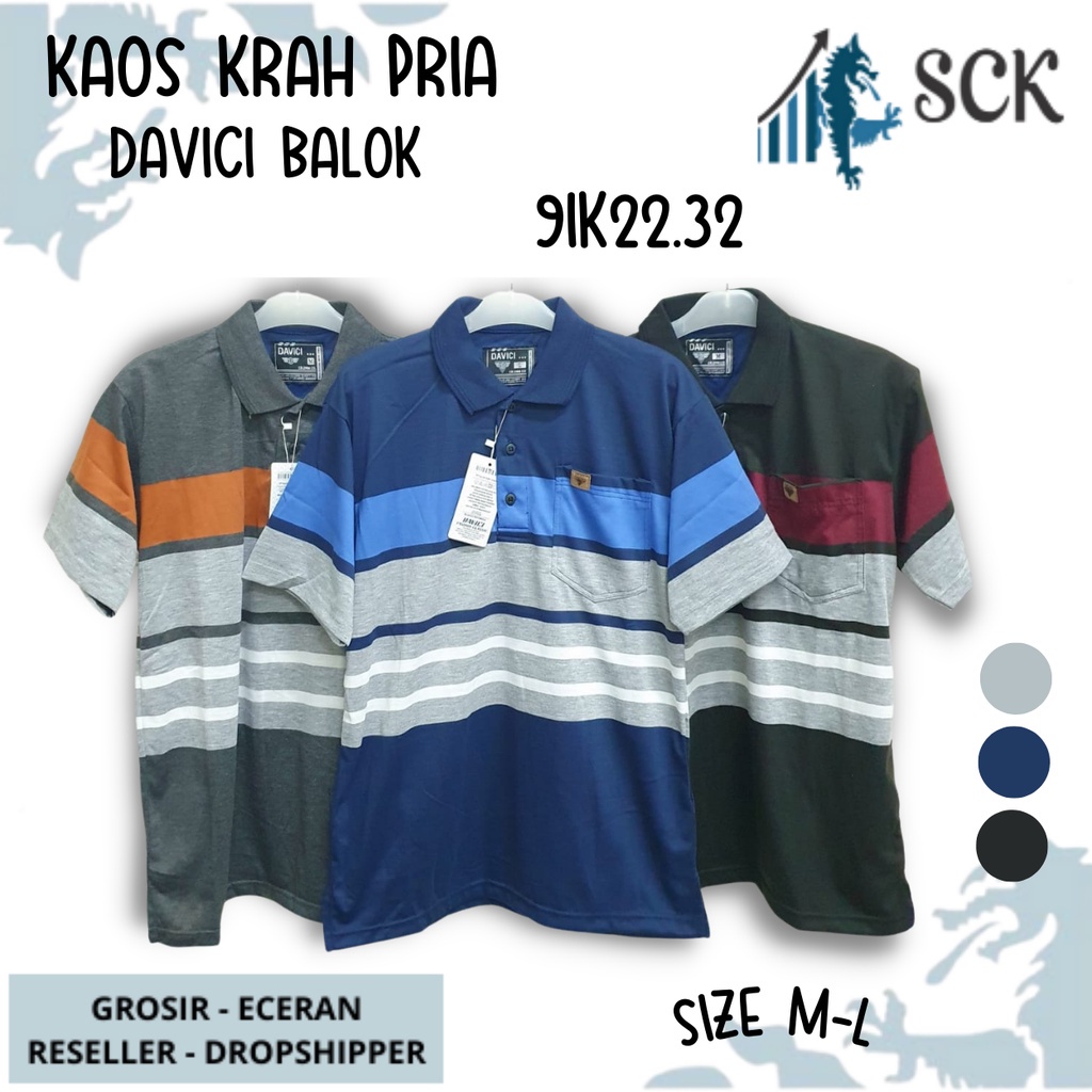 Kaos Kerah Pria DAVICI 9HB22.04 9IK22.32 Motif Salur Kombinasi Halus Original / Baju Cowok Size M-L - sckmenwear GROSIR