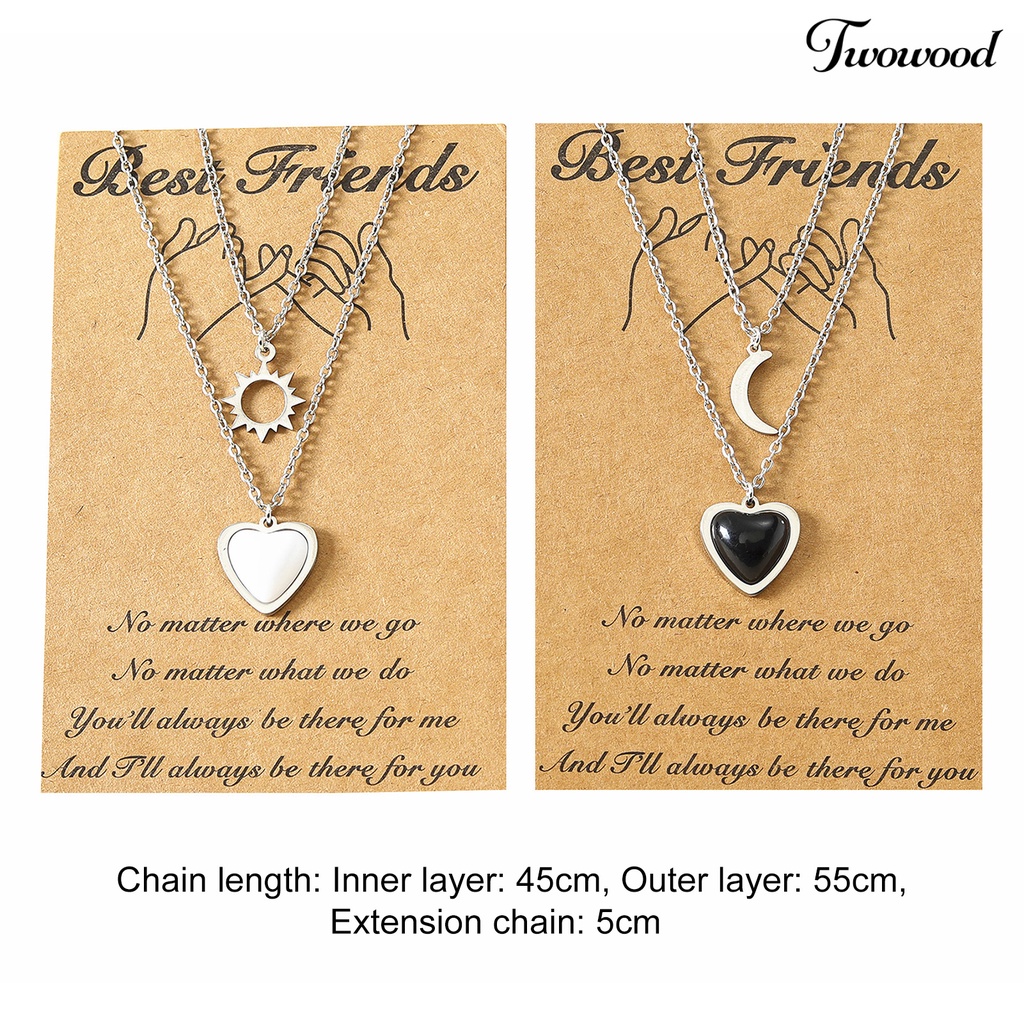 Twowood 1pasang Pasangan Kalung Kepribadian Stainless Steel Dua Lapisan Resin Berlian Imitasi Cinta Hati Matahari Bulan Batu Liontin Kalung Fashion Perhiasan