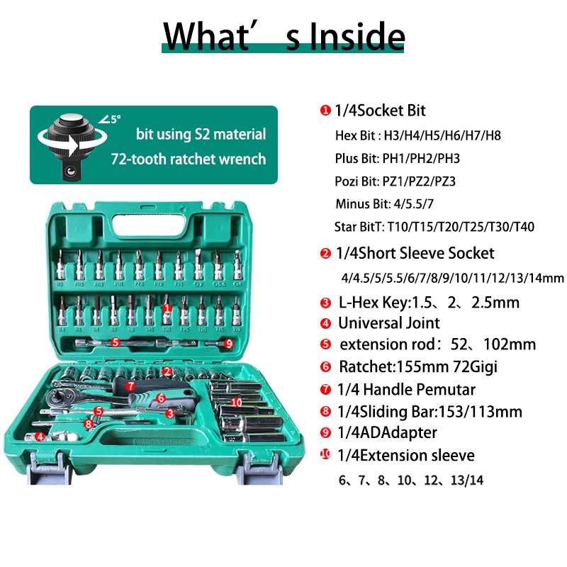 ISKU Kunci Sok Lengkap 53Pcs 1/4 3/8 Kunci Shock Set Original Tool Kit 1 Set Lengkap 12pc 1/2 30Pcs 72Gigi Full Lengkap ToolKits Box Motor Perkakas Bengkel Car Repair Tools Household Tool Kits