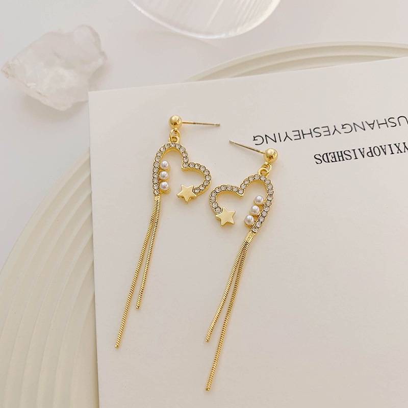 Anting Rumbai Hati Hollow Anting Tetes Emas Kristal Mutiara Elegan Untuk Aksesoris Perhiasan Wanita