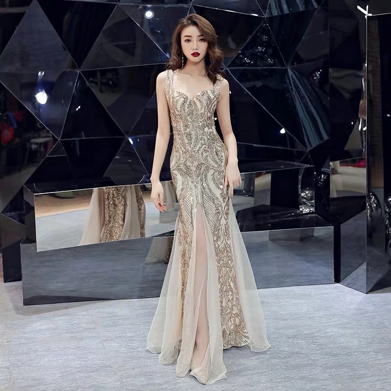 Solani Red Bridal Mermaid Long Summer Dress Sequin Sling Evening Dress Banquet gold