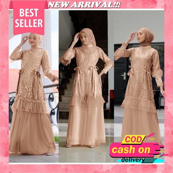 Shanin Dress Bahan Satin Roberto Gamis Muslim Elegan Line A Tangan Serut Warna Taupe, Emerald, Navy,