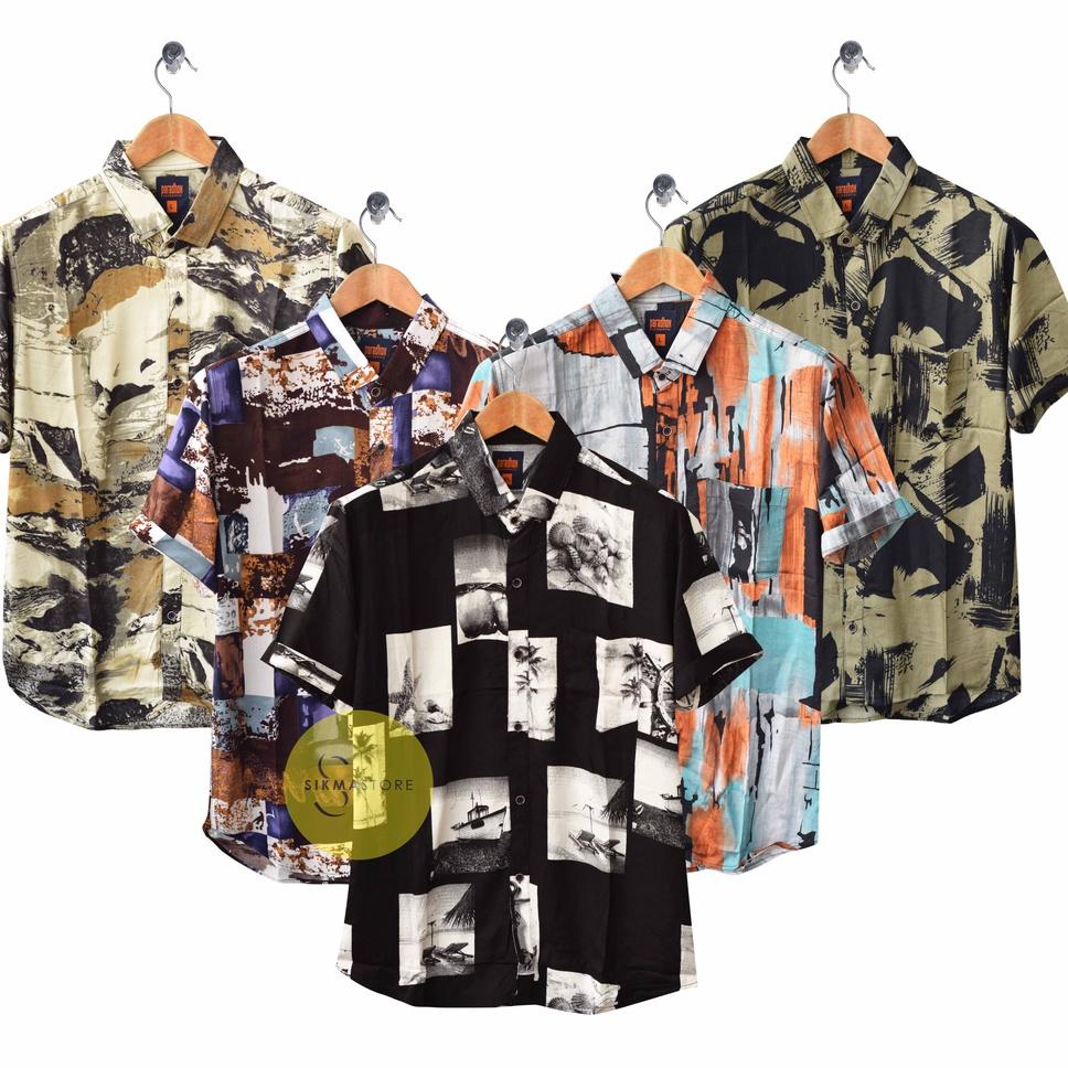 HOT SALE Kemeja Pria/Cowok Motif Printing Lengan Pendek Kemeja Motif Daun Kembang dan Bunga Abstrak 