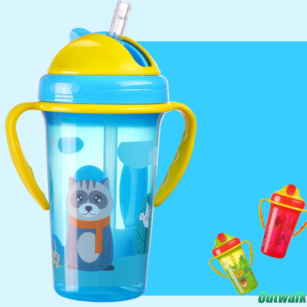 ღ Kartun Anak-anak Botol Air dengan Jerami Hewan Kartun Anak-anak Bayi Straw Cup Dapat Digunakan Kembali Tahan Bocor Cangkir untuk Anak-anak Botol Air anak Belajar Minum Cangkir