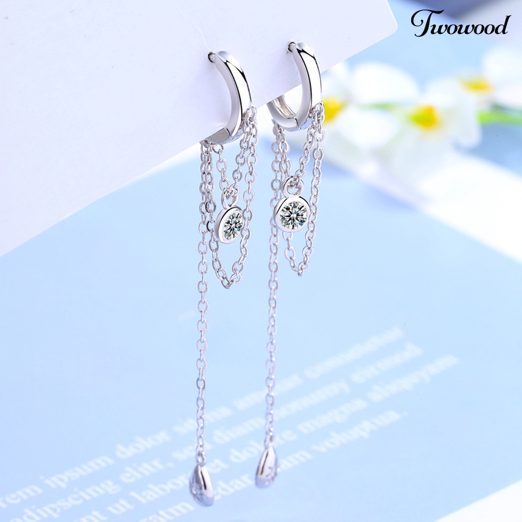 Twowood 1pasang Anting Menjuntai Warna Perak Rantai Logam Jumbai Panjang Tetesan Air Liontin Berlian Imitasi Wanita Hoop Earrings Fashion Perhiasan