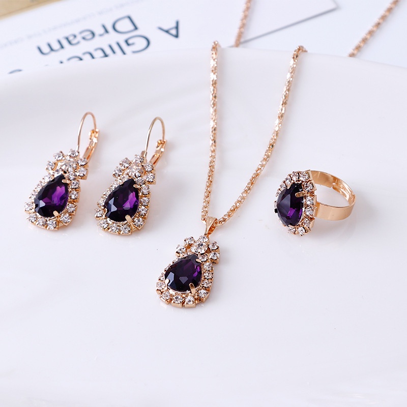 Set Kalung Anting Cincin Berlian Imitasi | Set Perhiasan Untuk Pengantin | Aksesoris Wanita | Aksesoris Bahan Stainless Steel