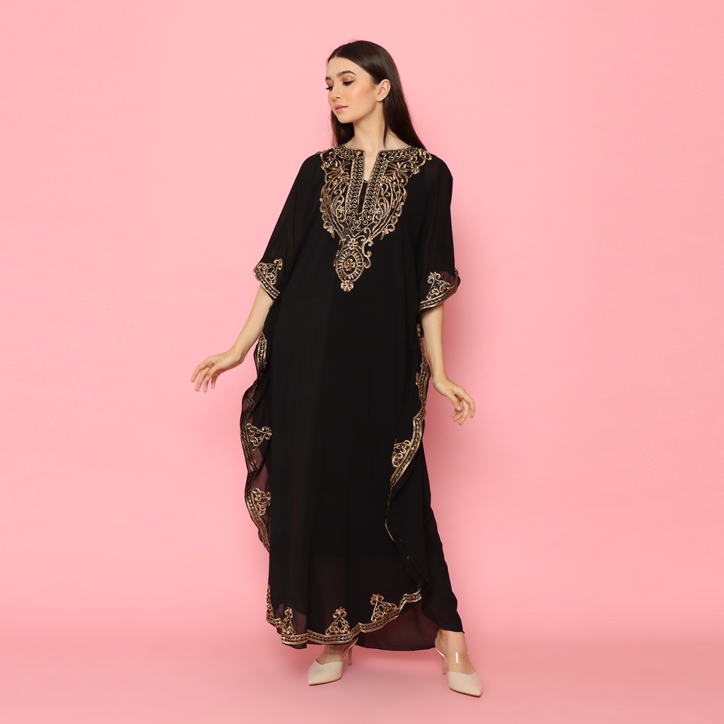 Kaftan Luna Kaftan Wanita Bordir Gold Mewah untuk Lebaran dan pesta Warna Hitam Terbaru Best Seller termurah Grosir