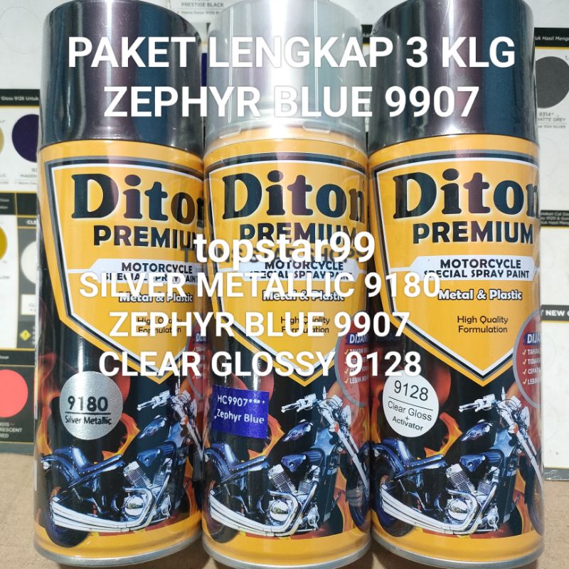 Pilok Cat Diton Premium Paket Lengkap 3 Klg Zephyr Blue Biru Metalic Metalik 9907 Silver Metalic 9180  Clear Glossy 9128 400cc Pilox Cat Semprot Diton Spray Paint